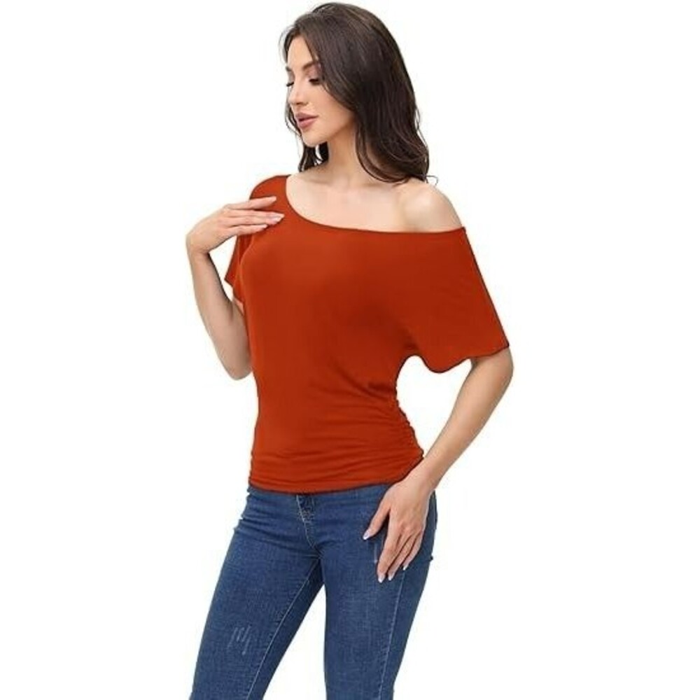 Women's T Shirts XX-LARGE Rust Off Shoulder Short Sleeve Casual Tops